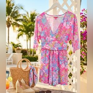 Lilly Pulitzer Parigi Romper Pink Blue Floral Kimono Sleeve Slathouse Soiree